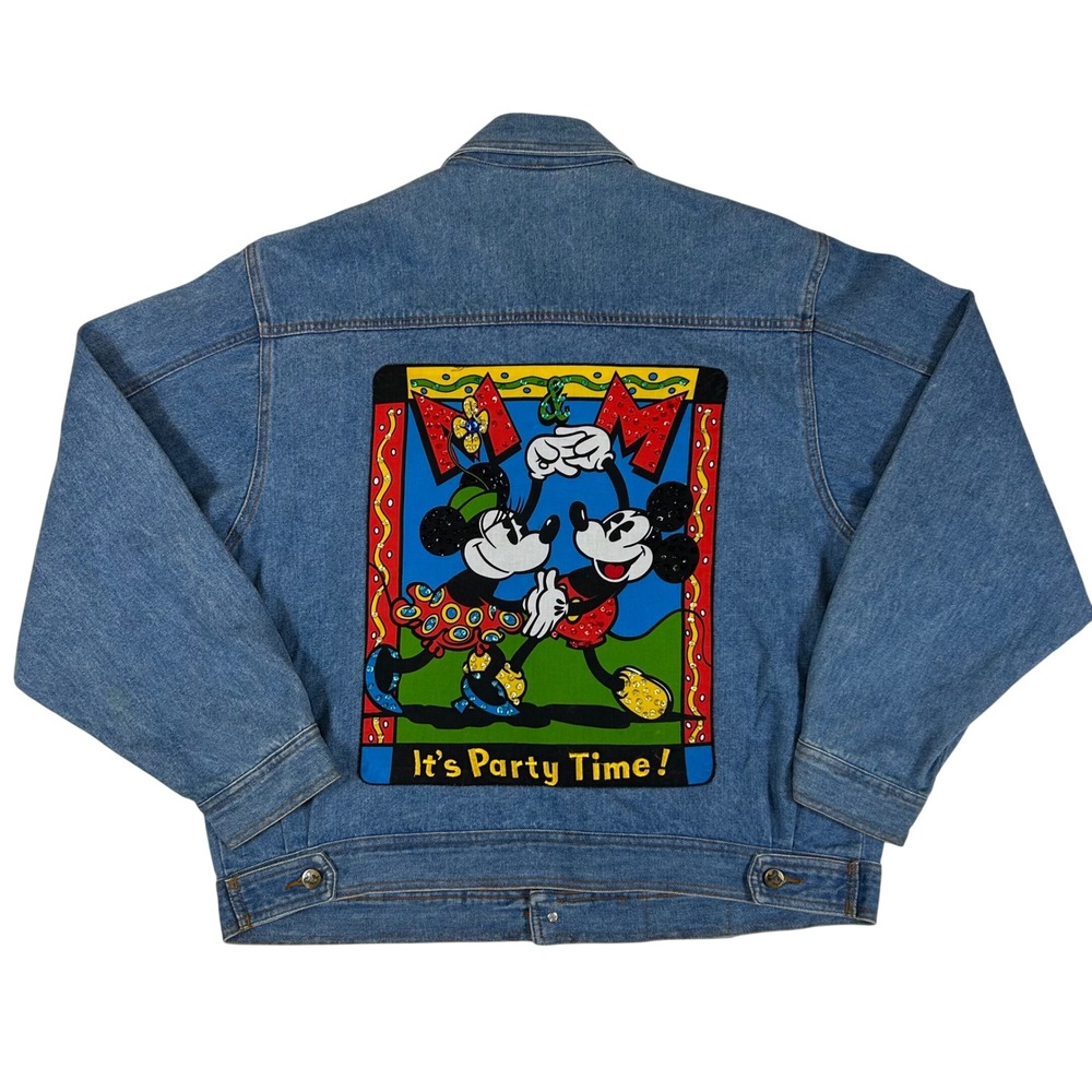 Mickey & Co Vintage Denim Jacket Blue It's Party Time Sequin Graphic Womens L